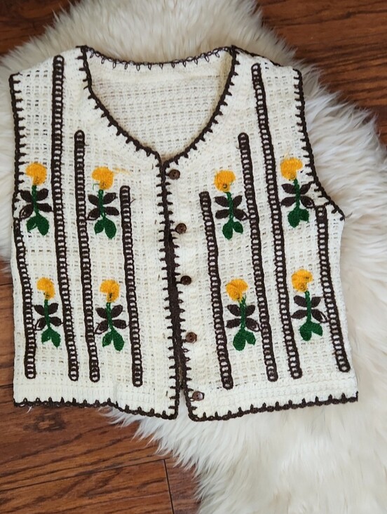 Tops - Handmade Crochet Ivory Floral Button Front Vest Blouse